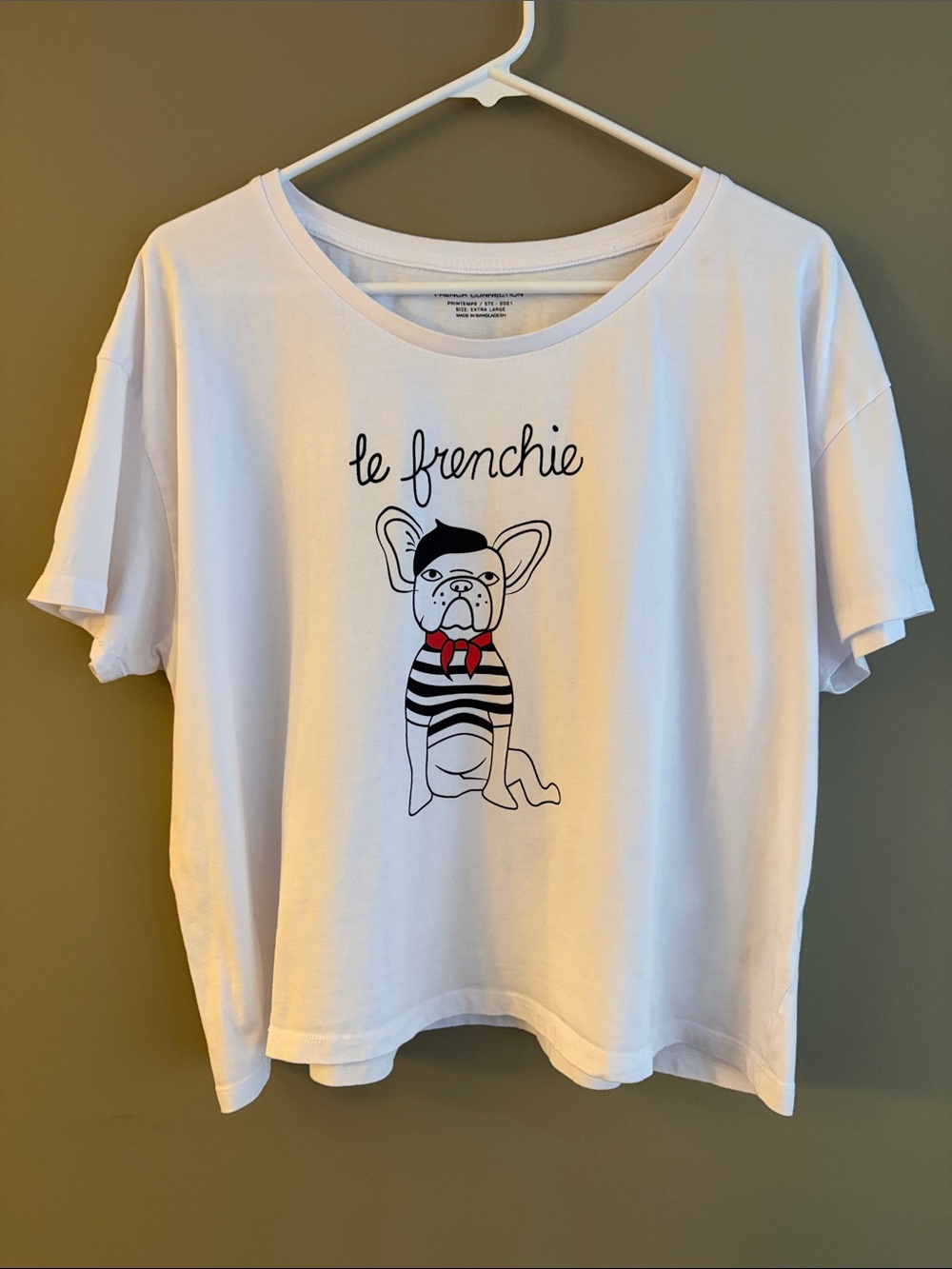 French Connection White Tee with Frenchie Dog Graphic size XL